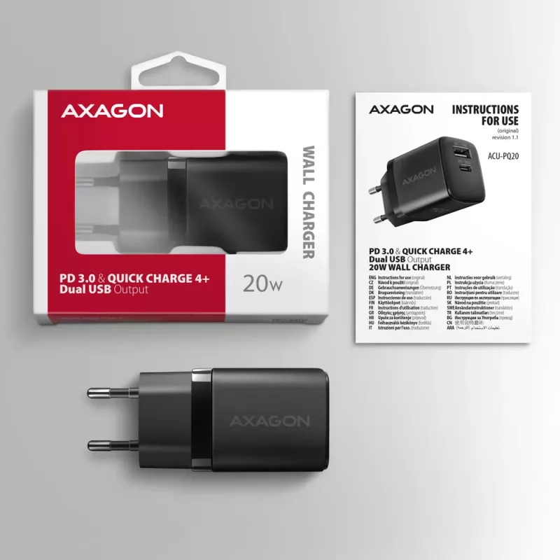 Caricabatterie da parete Axagon ACU-PQ20 QC3.0 PD Type-C 20W nero