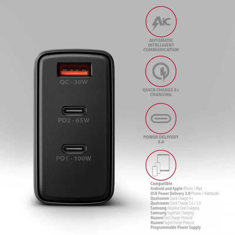 Axagon ACU-DPQ100 PD3.0 & QC 4+ TRE USCITE caricabatterie da parete 100W
