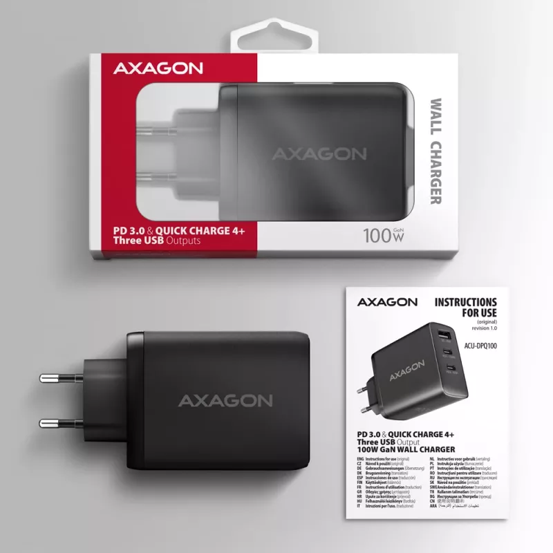 Axagon ACU-DPQ100 PD3.0 & QC 4+ TRE USCITE caricabatterie da parete 100W