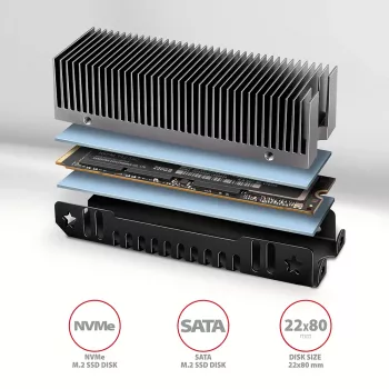 Axagon CLR-M2XT dissipatore passivo in alluminio per SSD M.2 a singola e doppia faccia formato 2280, altezza 24 mm