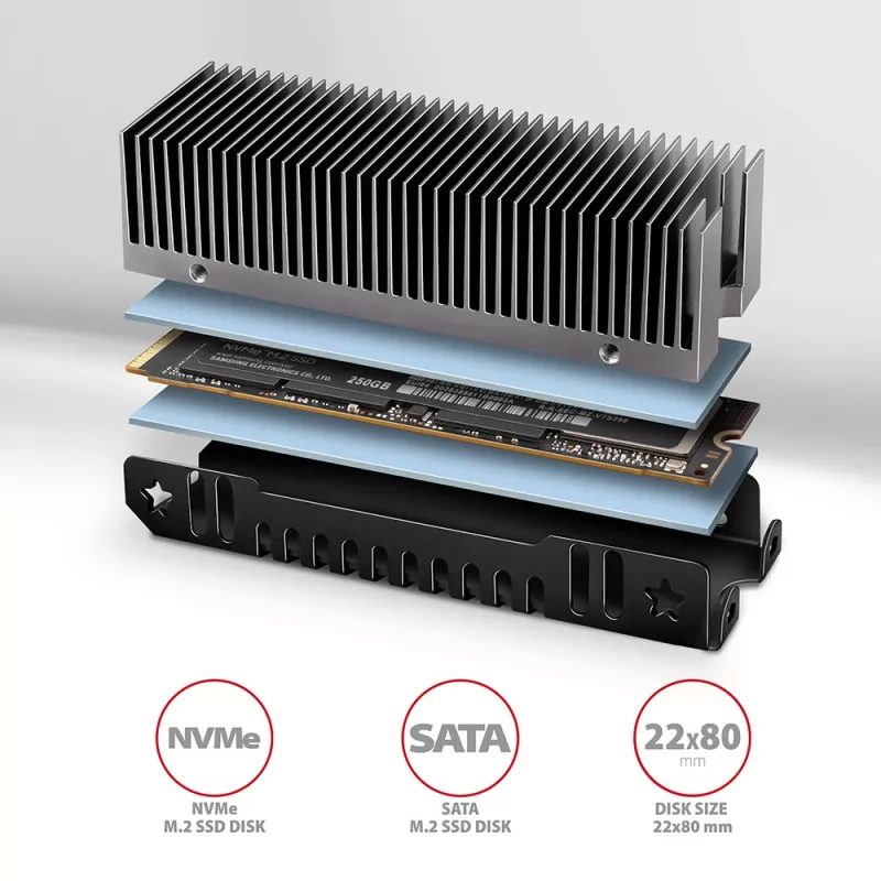 Axagon CLR-M2XT dissipatore passivo in alluminio per SSD M.2 a singola e doppia faccia formato 2280, altezza 24 mm