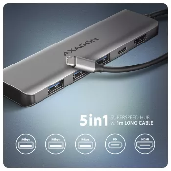 Axagon HMC-5H hub USB 5Gbps, 3x USB-A, HDMI 4K/30Hz, PD 100W, cavo USB-C 100cm