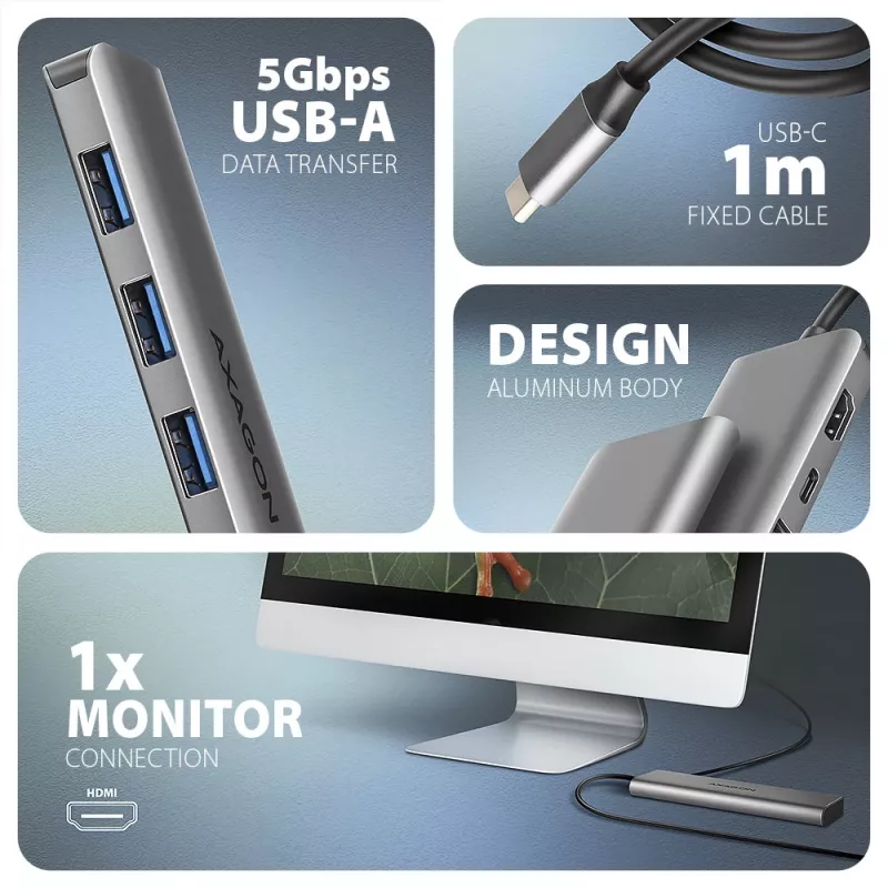 Axagon HMC-5H hub USB 5Gbps, 3x USB-A, HDMI 4K/30Hz, PD 100W, cavo USB-C 100cm