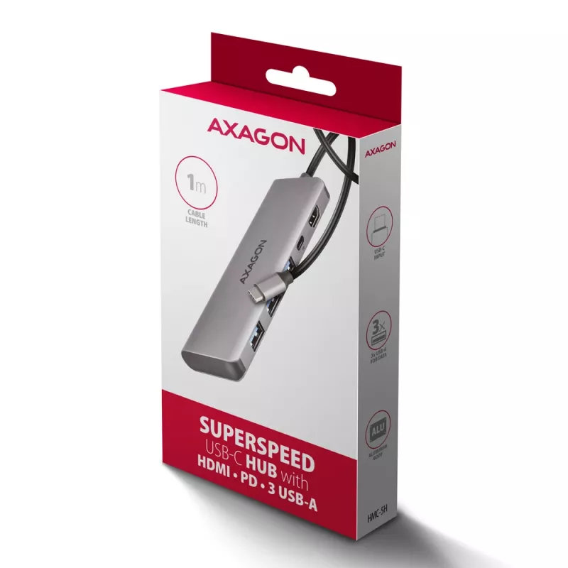 Axagon HMC-5H hub USB 5Gbps, 3x USB-A, HDMI 4K/30Hz, PD 100W, cavo USB-C 100cm