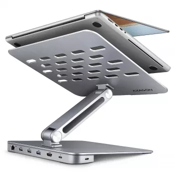 Axagon HMC-STND hub multi-porta USB-C 5Gbit/s e supporto in alluminio per laptop. HDMI 4K/60Hz, GLAN, PD e 3 porte USB-A. Cavo USB-C 60 cm.