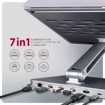 Axagon HMC-STND hub multi-porta USB-C 5Gbit/s e supporto in alluminio per laptop. HDMI 4K/60Hz, GLAN, PD e 3 porte USB-A. Cavo USB-C 60 cm.