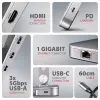 Axagon HMC-STND hub multi-porta USB-C 5Gbit/s e supporto in alluminio per laptop. HDMI 4K/60Hz, GLAN, PD e 3 porte USB-A. Cavo USB-C 60 cm.