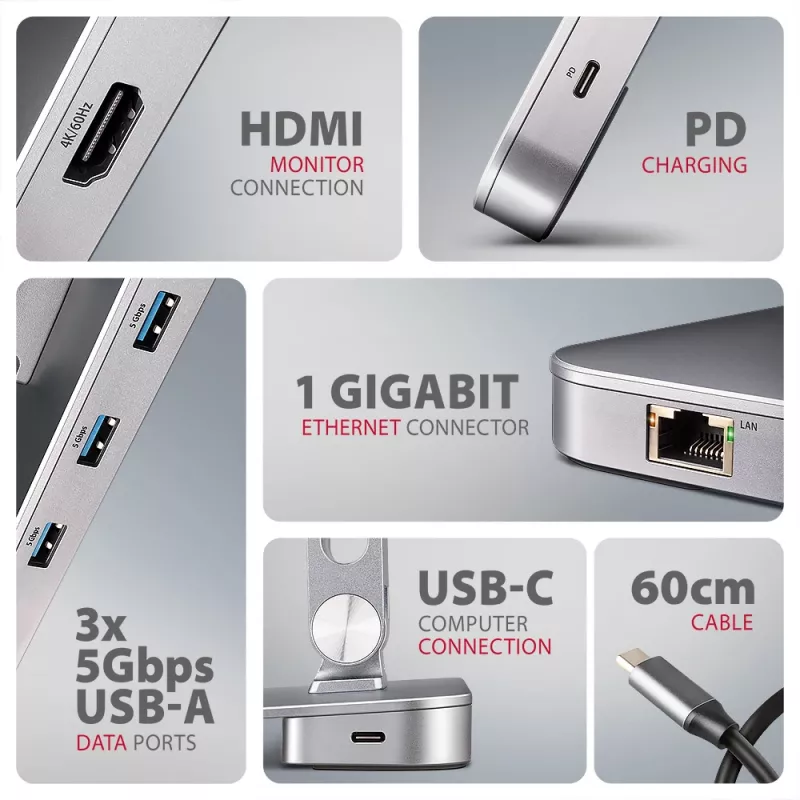 Axagon HMC-STND hub multi-porta USB-C 5Gbit/s e supporto in alluminio per laptop. HDMI 4K/60Hz, GLAN, PD e 3 porte USB-A. Cavo USB-C 60 cm.