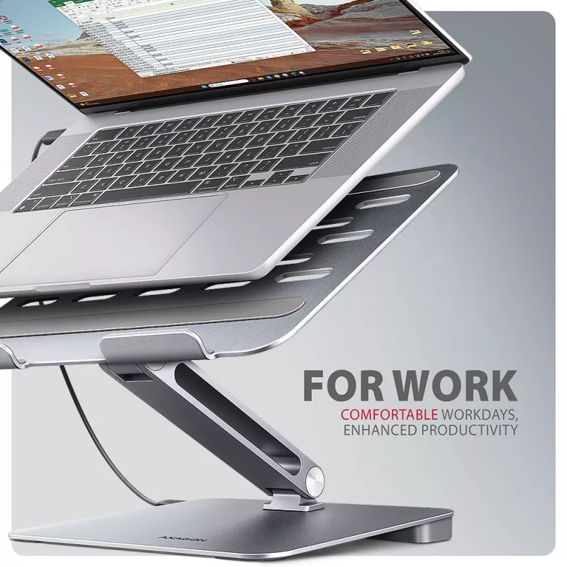 Axagon HMC-STND hub multi-porta USB-C 5Gbit/s e supporto in alluminio per laptop. HDMI 4K/60Hz, GLAN, PD e 3 porte USB-A. Cavo USB-C 60 cm.