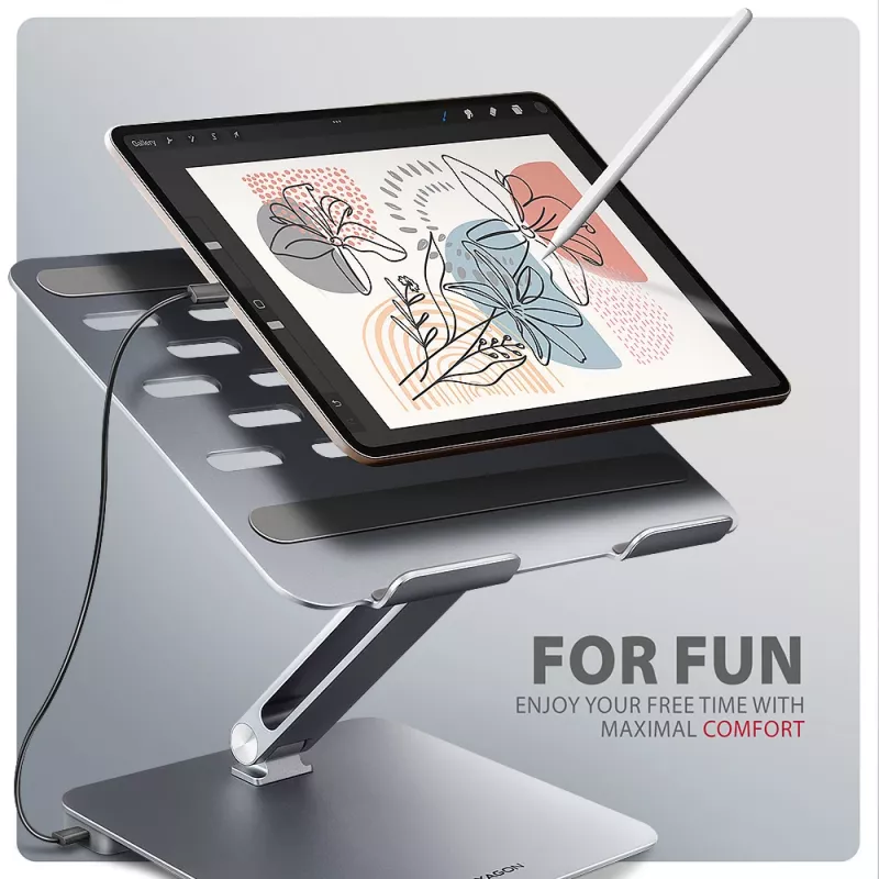 Axagon HMC-STND hub multi-porta USB-C 5Gbit/s e supporto in alluminio per laptop. HDMI 4K/60Hz, GLAN, PD e 3 porte USB-A. Cavo USB-C 60 cm.
