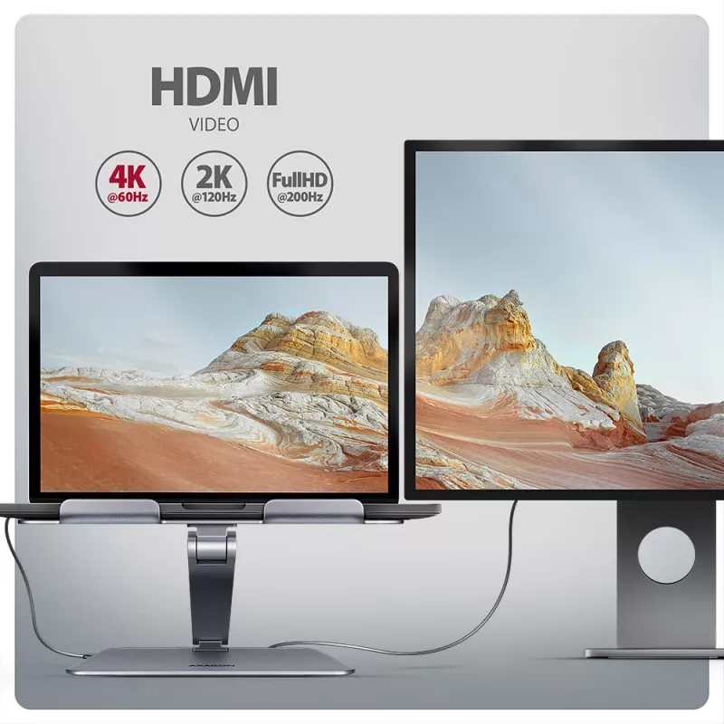Axagon HMC-STND hub multi-porta USB-C 5Gbit/s e supporto in alluminio per laptop. HDMI 4K/60Hz, GLAN, PD e 3 porte USB-A. Cavo USB-C 60 cm.