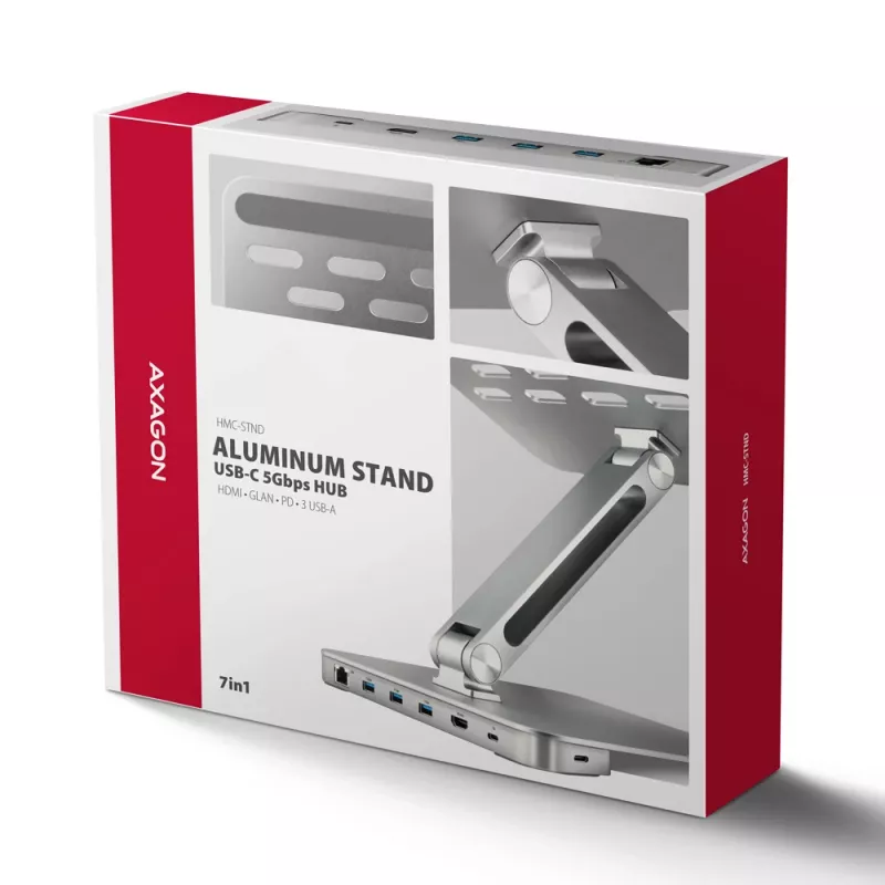 Axagon HMC-STND hub multi-porta USB-C 5Gbit/s e supporto in alluminio per laptop. HDMI 4K/60Hz, GLAN, PD e 3 porte USB-A. Cavo USB-C 60 cm.