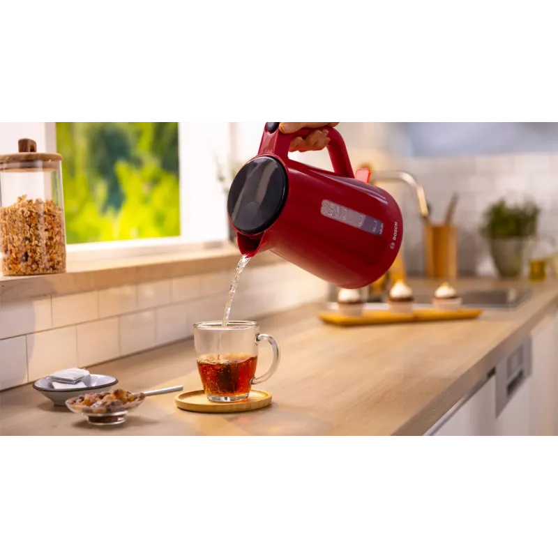 Bollitore elettrico Bosch TWK1M124 — 1,7 L, 2400 W, rosso, senza filo, base girevole 360°