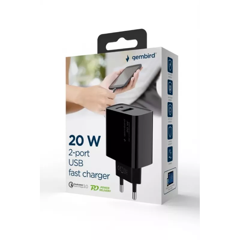 Caricabatterie rapido USB GEMBIRD – 2 porte Type-A e C, 20 W – nero