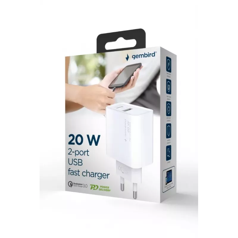 Caricabatterie rapido USB GEMBIRD – Type-A e C 2 porte 20 W – bianco