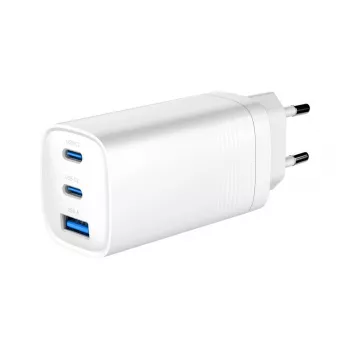 Caricabatterie rapido USB GEMBIRD – Type-A e C, 3 porte, 65 W, QC 3.0 e PowerDelivery, GaN – bianco