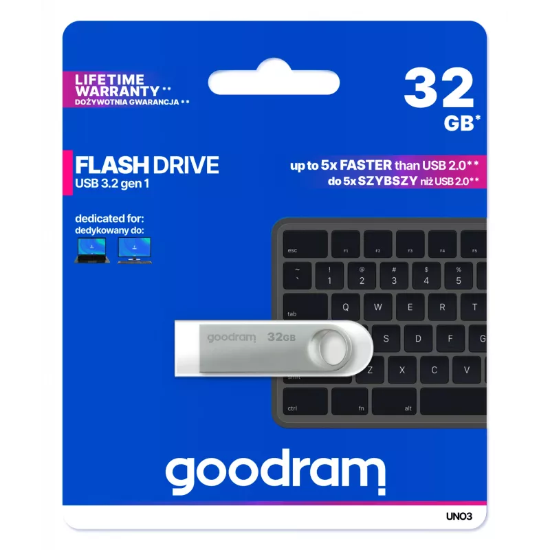Chiavetta USB GOODRAM UNO3-0320S0R11 32 GB, USB Type-A, USB 3.2 Gen 1, metallo, senza cappuccio, argento