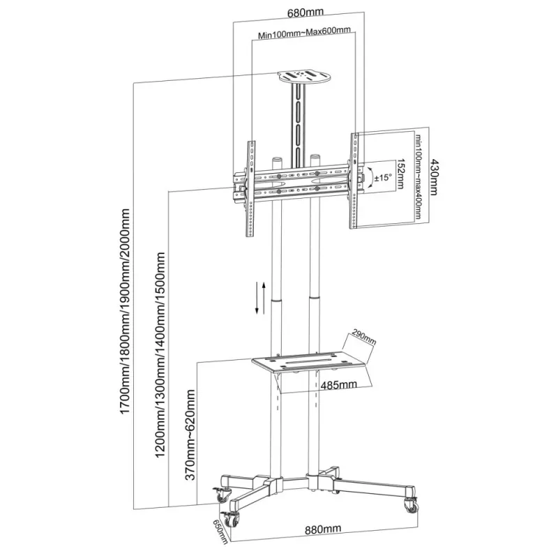 Techly ICA-TR216T carrello TV mobile per schermi da 37–70 pollici (fino a 177,8 cm), max 50 kg, 2 ripiani, nero