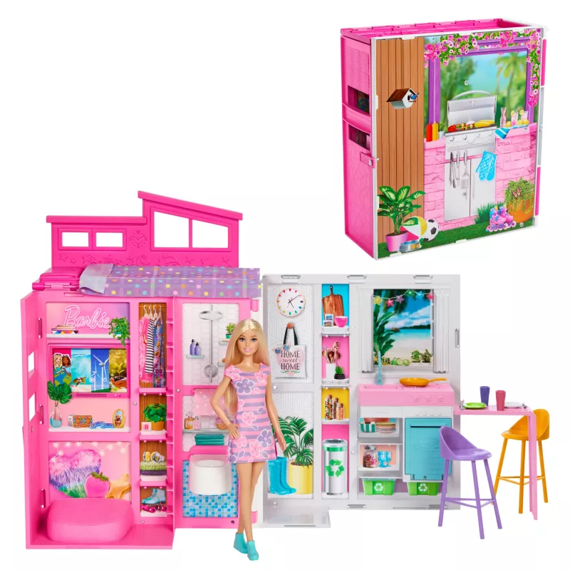 Casa delle bambole Barbie Getaway con bambola, 4 aree di gioco e 11 accessori decorativi