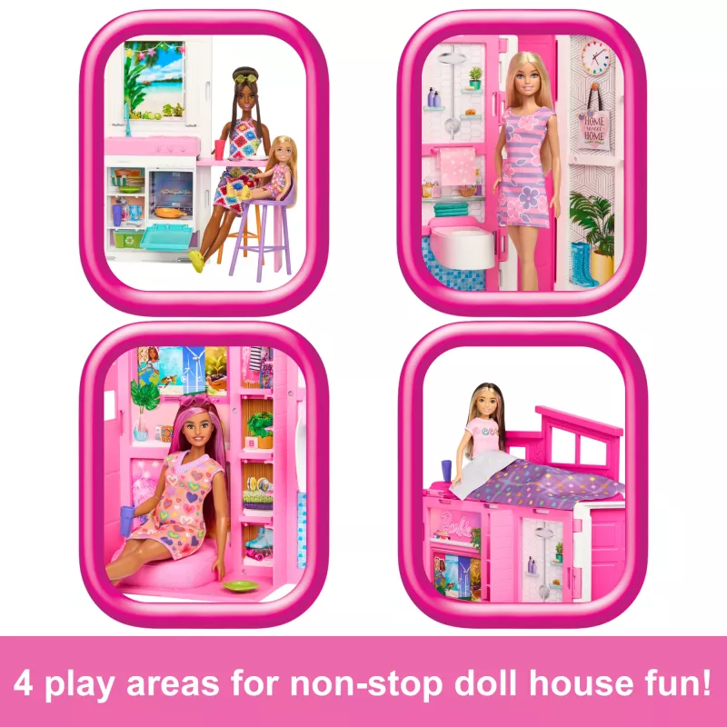 Casa delle bambole Barbie Getaway con bambola, 4 aree di gioco e 11 accessori decorativi
