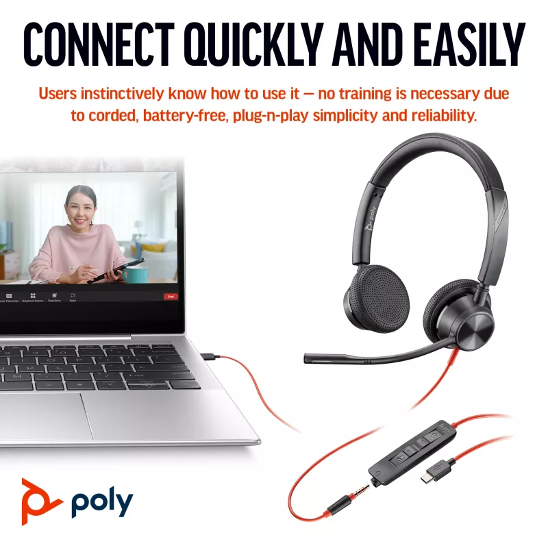 HP Poly Blackwire 3325 cuffie stereo USB-C + jack 3,5 mm + adattatore USB-C/A