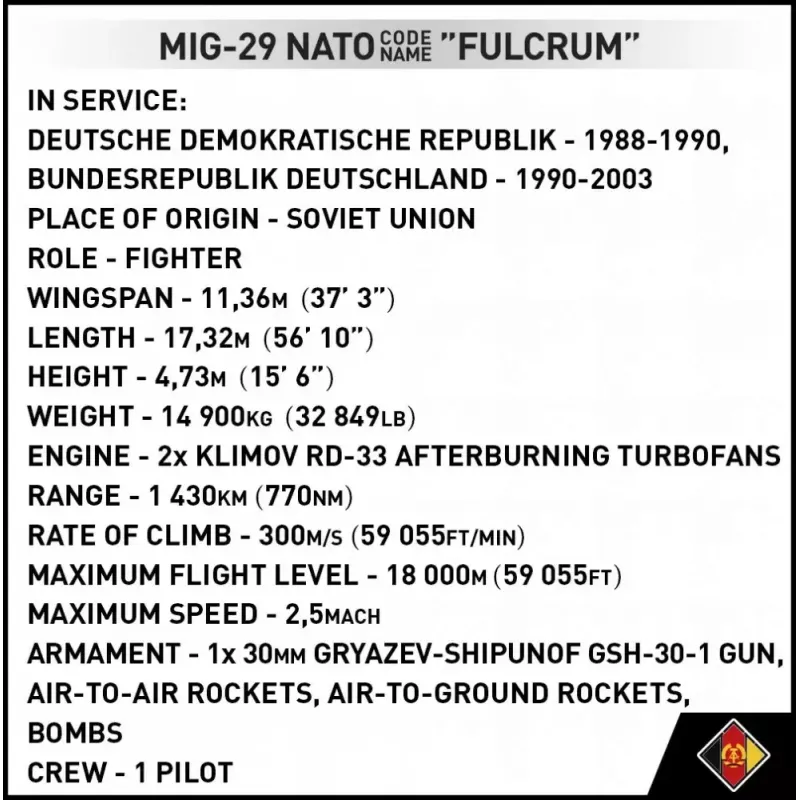 Giocattolo da costruzione Cobi MiG-29 Germania Est 5851 — set da 300 pezzi