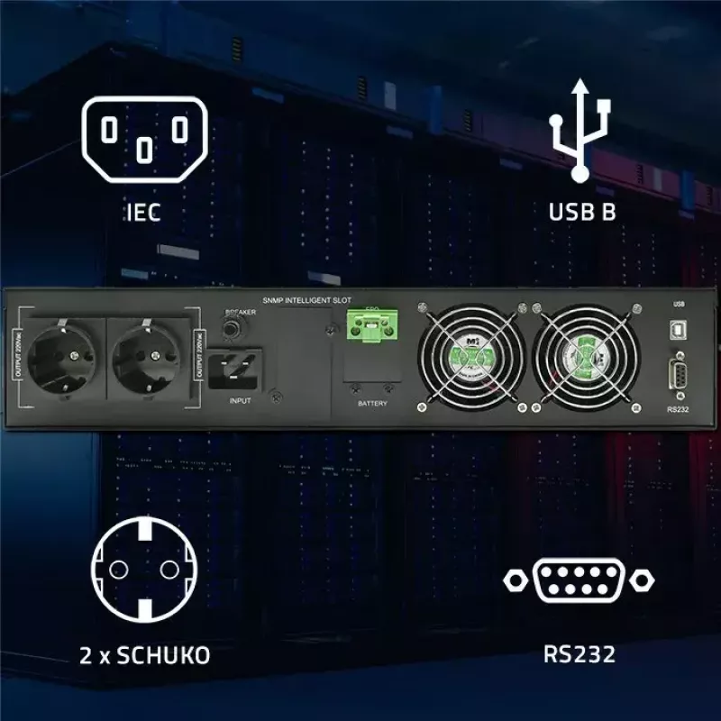 UPS rack QOLTEC 52286 2 kVA (2000 W) fattore di potenza 1,0, montaggio a rack