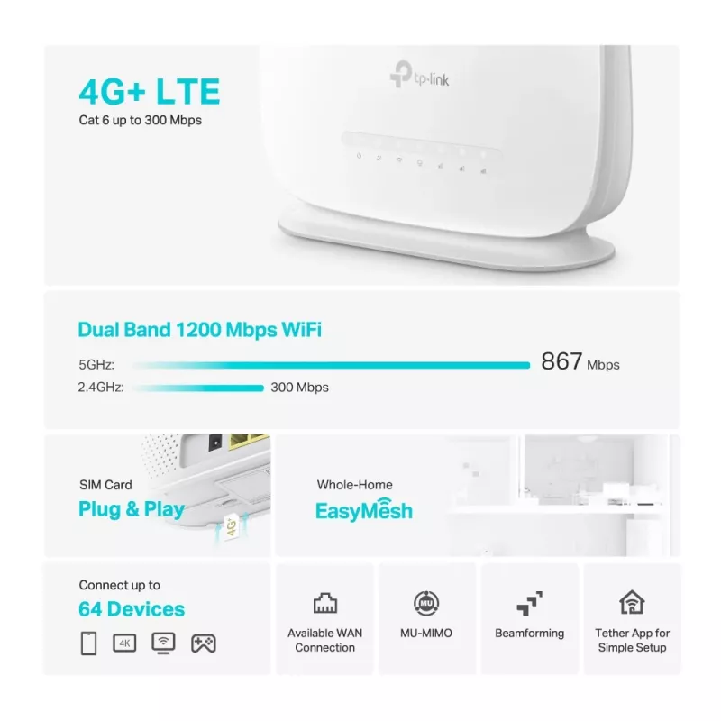 TP-Link Archer Router wireless 4G+ Cat6 AC1200 Dual Band Gigabit