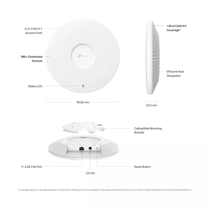 TP-Link Omada BE9300 punto di accesso Wi-Fi 7 Tri-Band da soffitto