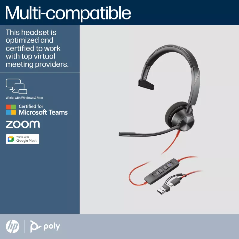 HP Poly Blackwire 3310 cuffia USB-C monaurale certificata Microsoft Teams + adattatore USB-C/A
