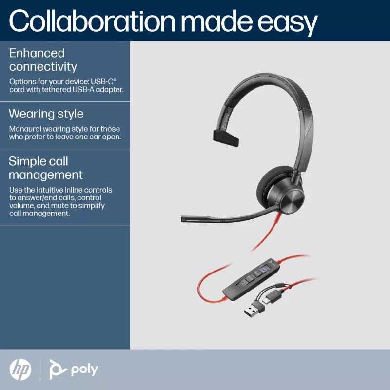 HP Poly Blackwire 3310 cuffia USB-C monaurale certificata Microsoft Teams + adattatore USB-C/A