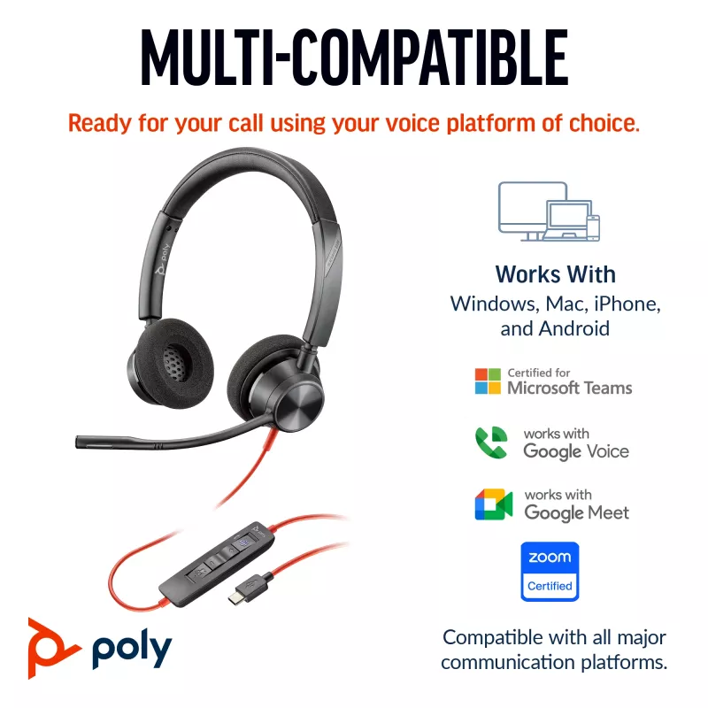HP Poly Blackwire 3320 cuffia stereo USB-C + adattatore USB-C/A