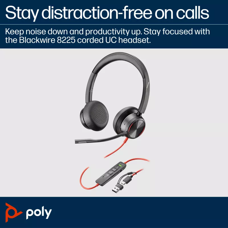 HP Poly Blackwire 8225 cuffia stereo USB-C + adattatore USB-C/A