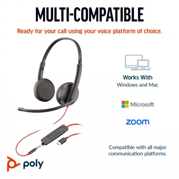 HP Poly Blackwire 3225 cuffia stereo USB-C + connettore jack 3,5 mm + adattatore USB-C/A