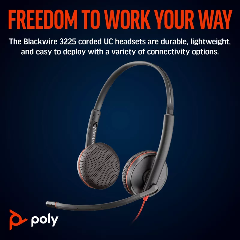 HP Poly Blackwire 3225 cuffia stereo USB-C + connettore jack 3,5 mm + adattatore USB-C/A