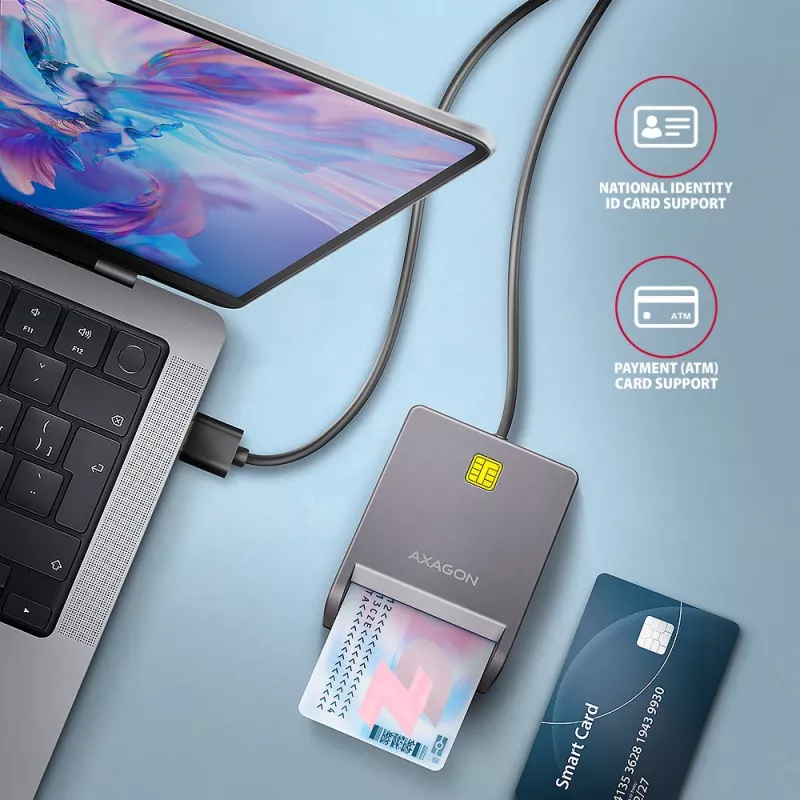 Lettore di smart card/ID USB-A Axagon CRE-SM3T, piatto, USB 2.0, 1,3 m, nero, 56 g
