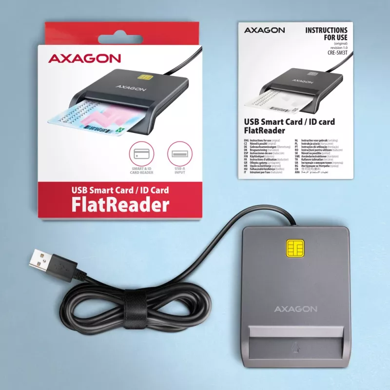 Lettore di smart card/ID USB-A Axagon CRE-SM3T, piatto, USB 2.0, 1,3 m, nero, 56 g