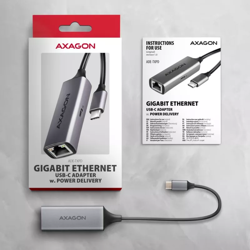 Adattatore USB-C Gigabit Ethernet Axagon ADE-TXPD con PD 100W