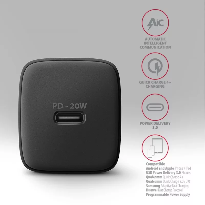 Caricabatterie da parete Axagon ACU-PD20 1x QC3.0/AFC/FCP/PD Type-C 20W nero