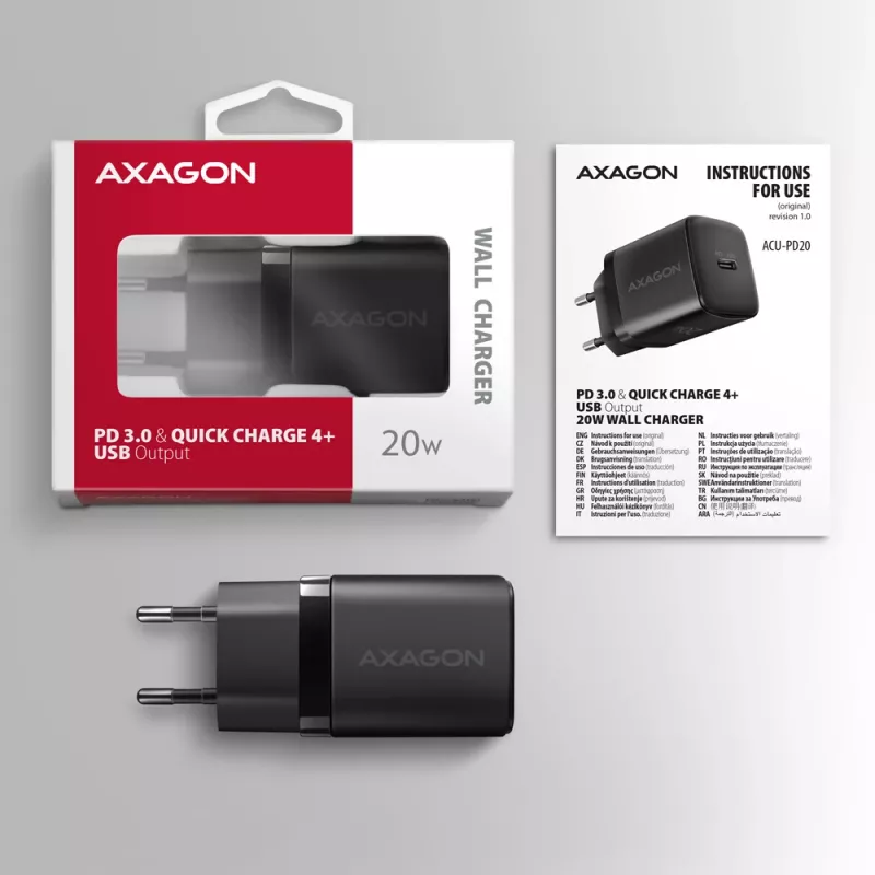 Caricabatterie da parete Axagon ACU-PD20 1x QC3.0/AFC/FCP/PD Type-C 20W nero