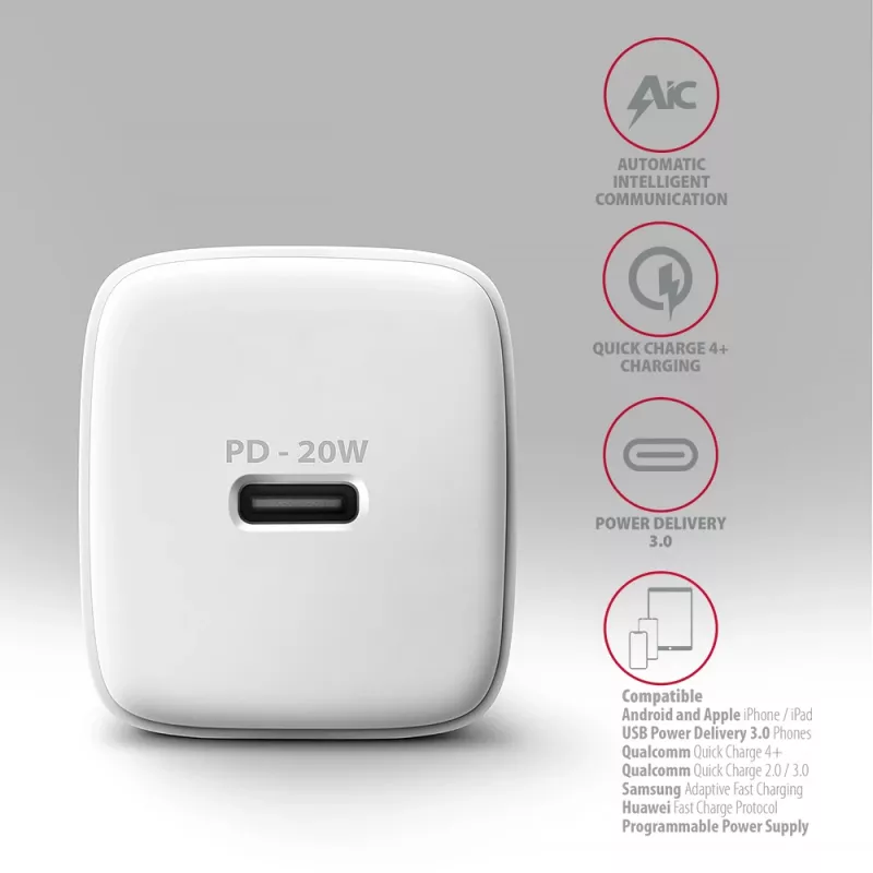 Axagon ACU-PD20W caricabatterie da parete 1x QC3.0/AFC/FCP/PD Type-C 20W bianco