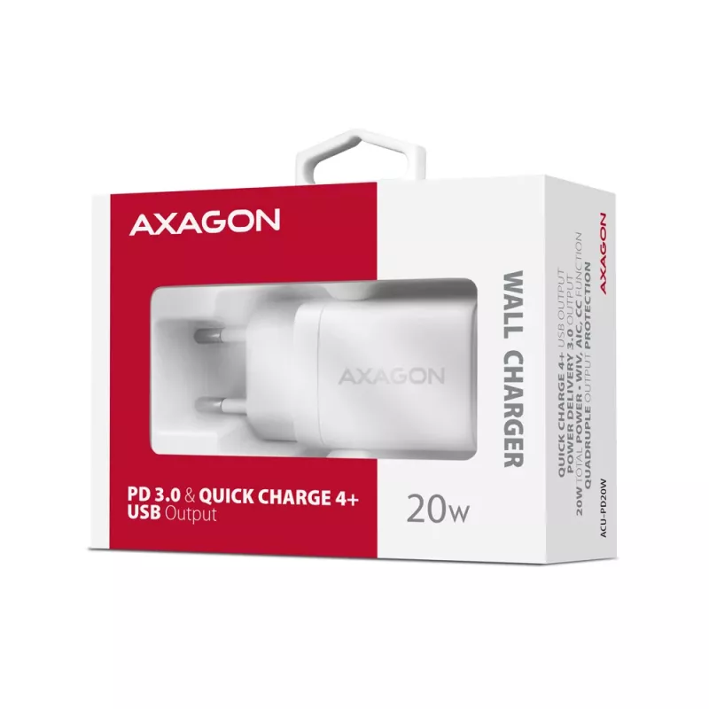 Axagon ACU-PD20W caricabatterie da parete 1x QC3.0/AFC/FCP/PD Type-C 20W bianco