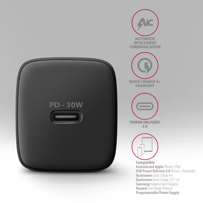 Axagon ACU-PD30 PD3.0 & QC4+ caricabatterie da parete 1x uscita 30W, uso interno, AC, nero