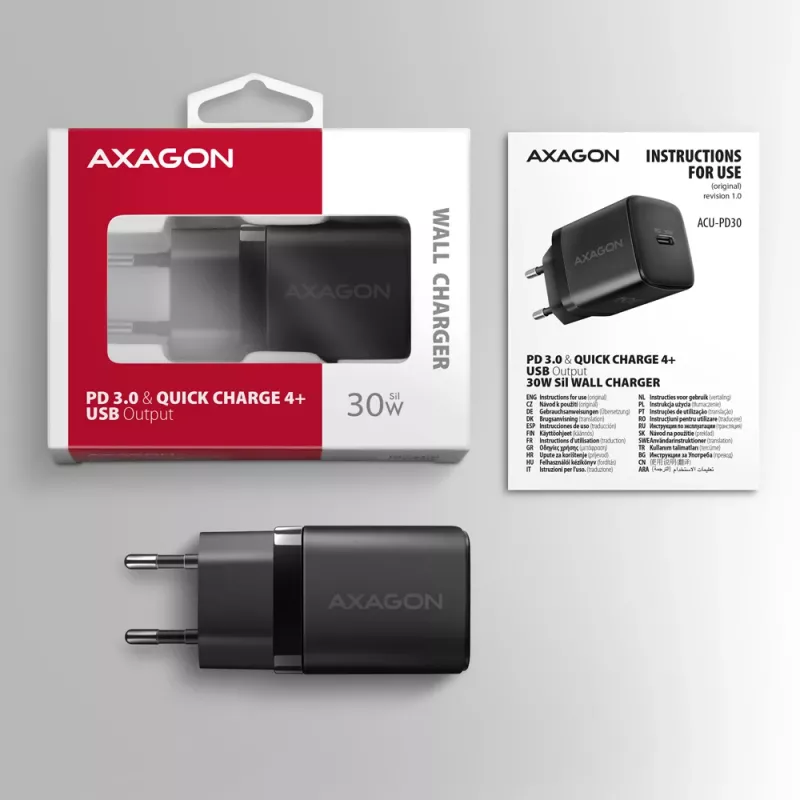 Axagon ACU-PD30 PD3.0 & QC4+ caricabatterie da parete 1x uscita 30W, uso interno, AC, nero