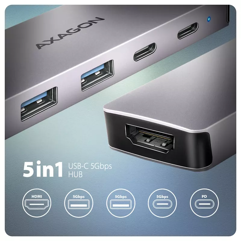 Axagon HMC-5H60 Hub USB 5Gbps, 2x USB-A, 1x USB-C, HDMI 4k/60Hz, PD 100W, cavo USB-C