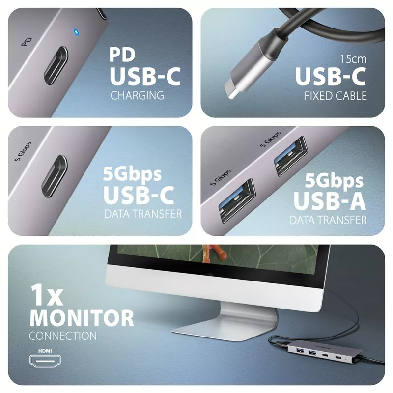Axagon HMC-5H60 Hub USB 5Gbps, 2x USB-A, 1x USB-C, HDMI 4k/60Hz, PD 100W, cavo USB-C