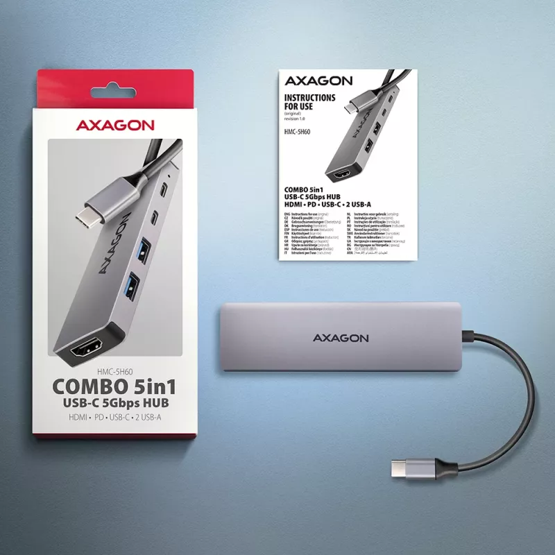 Axagon HMC-5H60 Hub USB 5Gbps, 2x USB-A, 1x USB-C, HDMI 4k/60Hz, PD 100W, cavo USB-C
