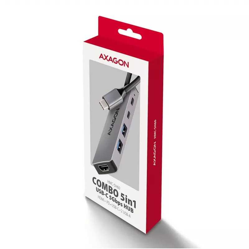 Axagon HMC-5H60 Hub USB 5Gbps, 2x USB-A, 1x USB-C, HDMI 4k/60Hz, PD 100W, cavo USB-C