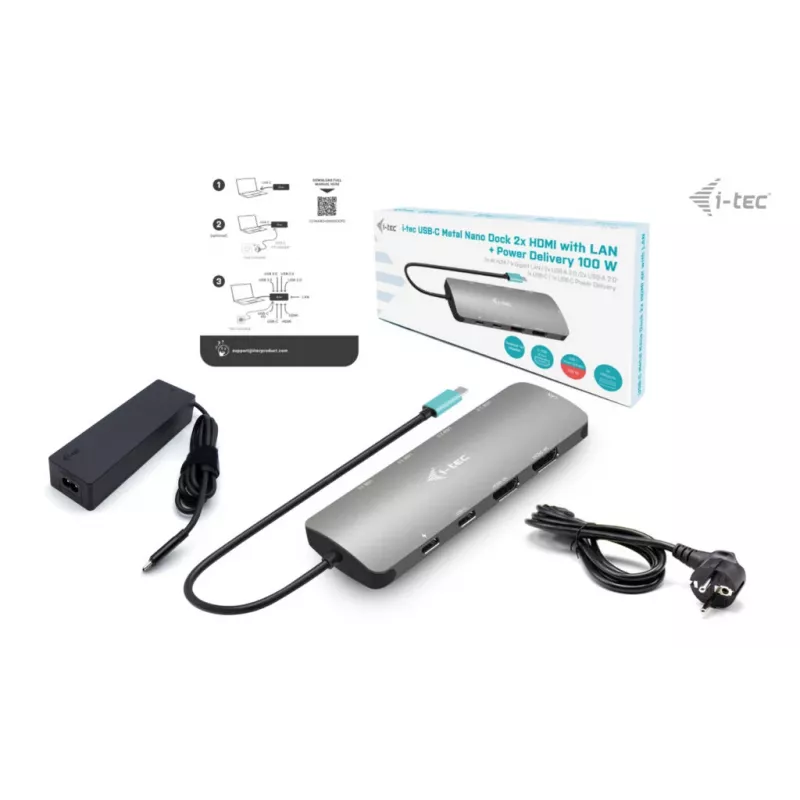 i-tec Metal USB-C Nano Docking station 2x display con PD 100 W + caricabatterie 100W