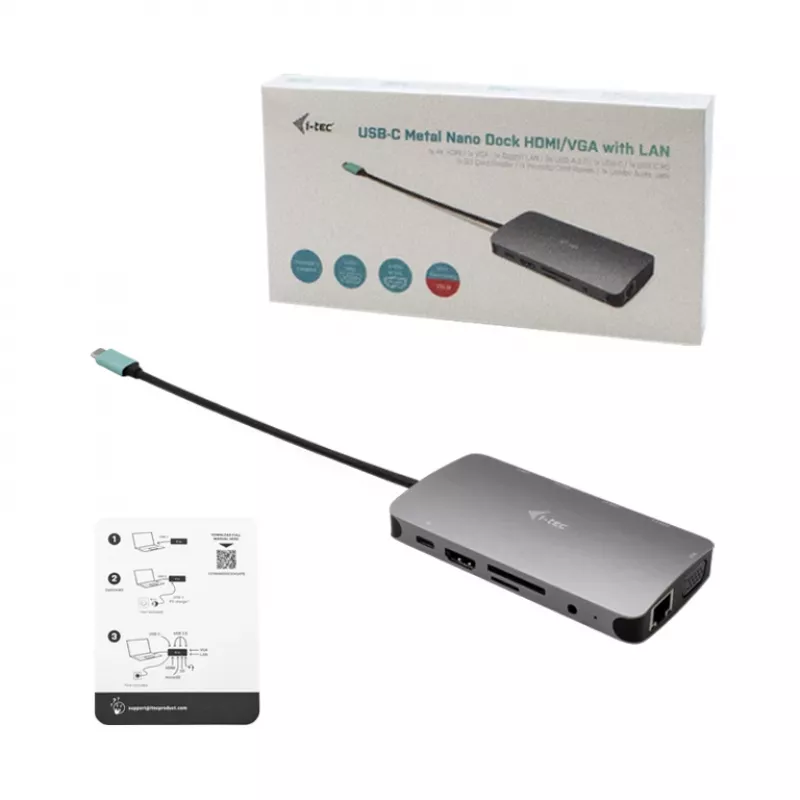 i-tec Metal USB-C Nano Dock HDMI/VGA con LAN + caricabatterie 100 W
